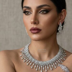 مدل زنانه با سرویس جواهر تمام برلیان شامل گردنبند طرح اشکی، گوشواره و دستبند در گالری جواهری دایموند تجریش